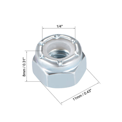 Harfington 1/4"-20 Nylon Insert Hex Lock Nuts, Carbon Steel White Zinc Plated, 20 Pcs