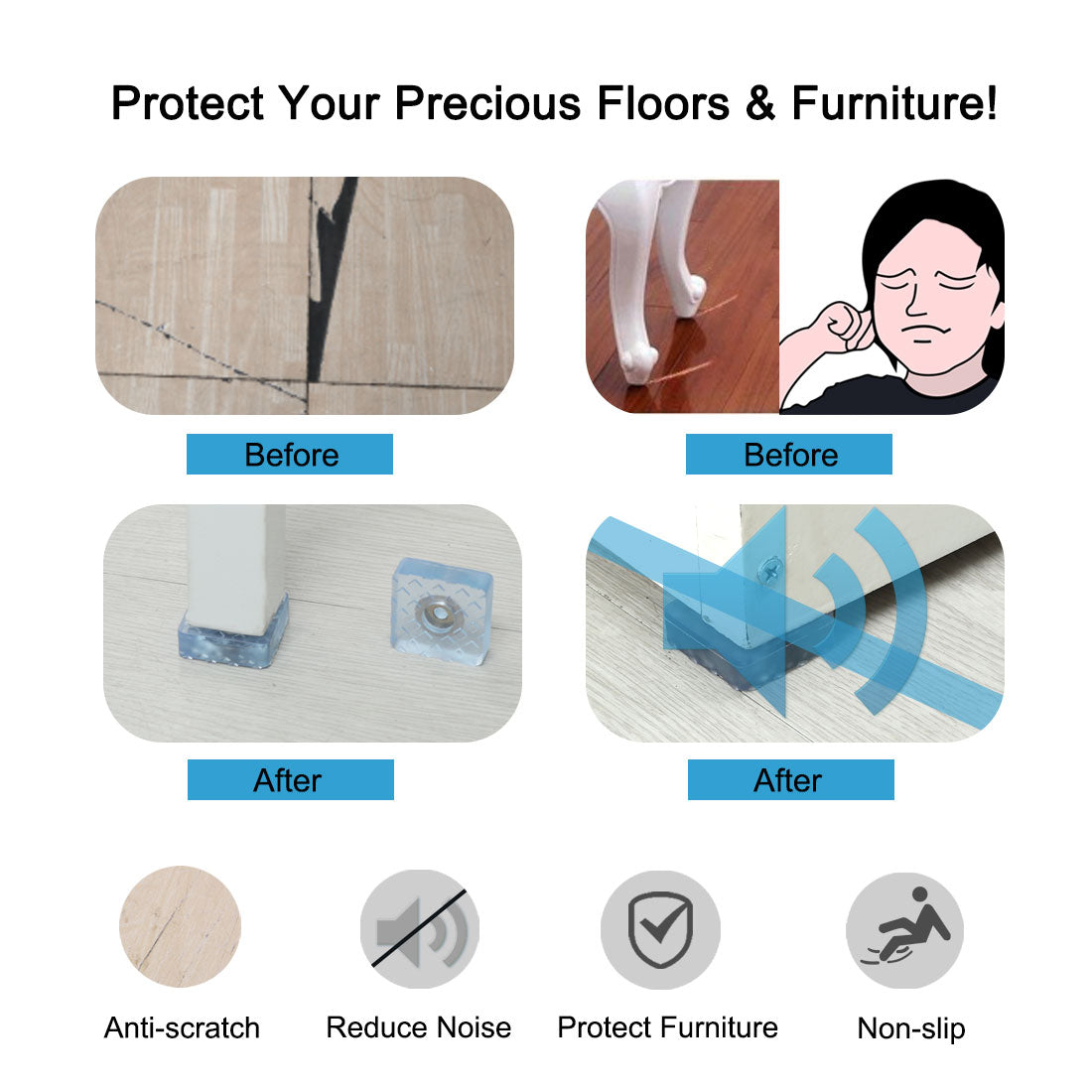 Harfington 16pcs Rubber Feet Insert Metal Washer Anti-Slip Furniture Leg Protector 30x30mm