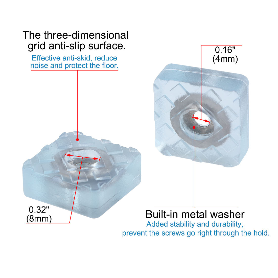 Harfington 12pcs Square Rubber Feet Metal Washer with Screw Leg Pad Floor Protector 22x22mm