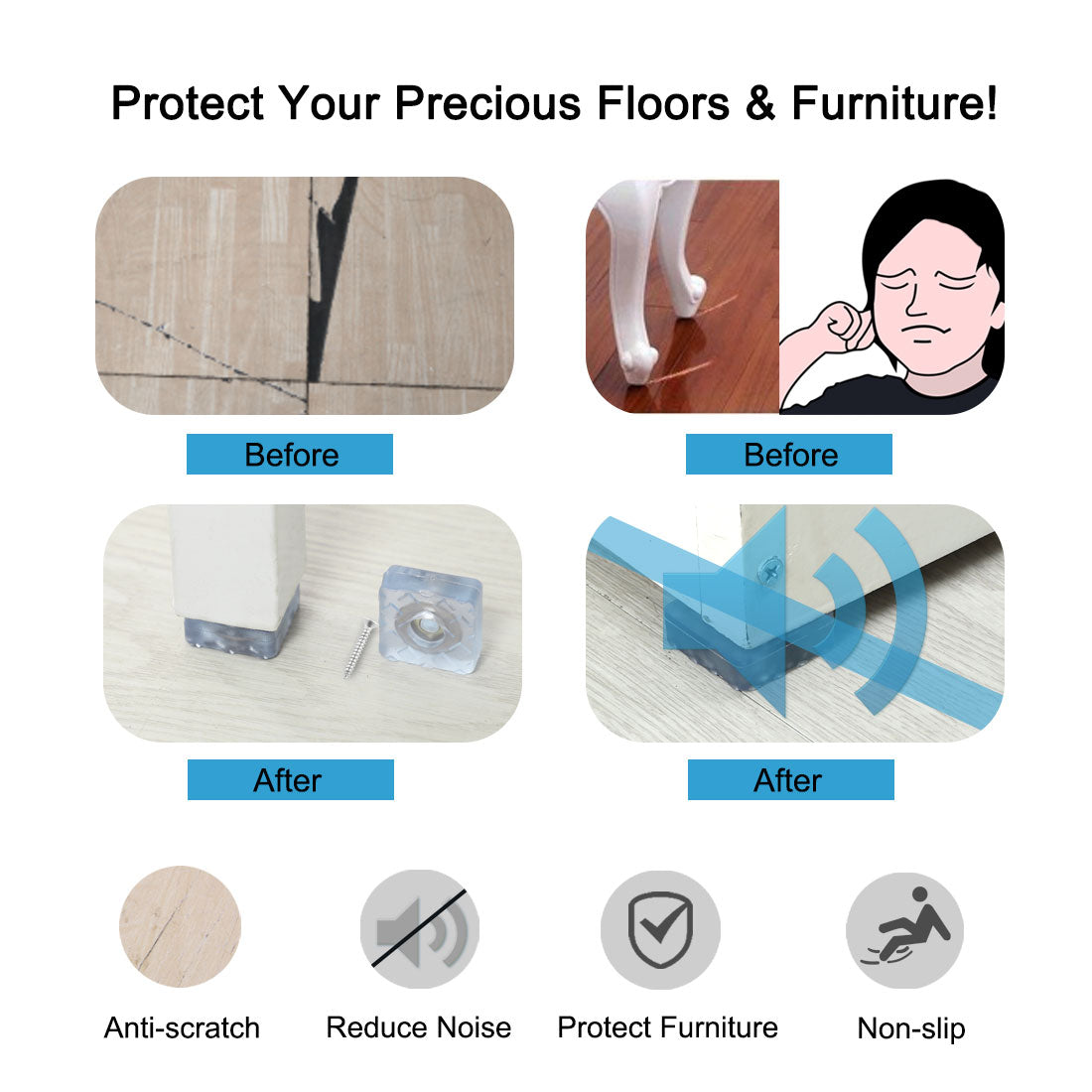 Harfington 12pcs Square Rubber Feet Metal Washer with Screw Leg Pad Floor Protector 22x22mm