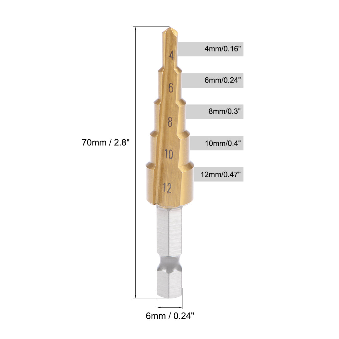 Harfington Step Drill Bit HSS 4241 4mm to 12mm 5 Sizes Titanium Coated Straight Flutes Hex Shank for Metal Wood Plastic