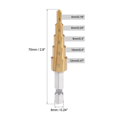 Harfington Step Drill Bit HSS 4241 4mm to 12mm 5 Sizes Titanium Coated Straight Flutes Hex Shank for Metal Wood Plastic