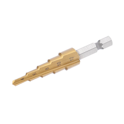 Harfington Step Drill Bit HSS 4241 4mm to 12mm 5 Sizes Titanium Coated Straight Flutes Hex Shank for Metal Wood Plastic