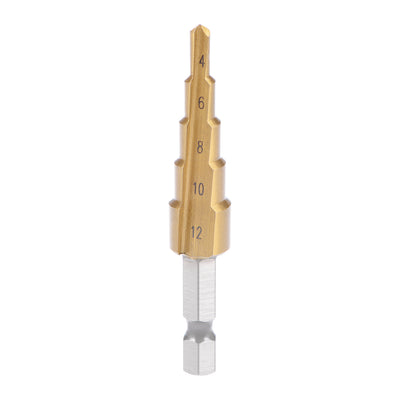 Harfington Step Drill Bit HSS 4241 4mm to 12mm 5 Sizes Titanium Coated Straight Flutes Hex Shank for Metal Wood Plastic
