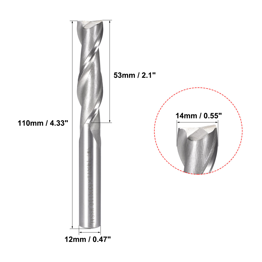 Harfington 14mm Cutting HSSAL Spiral Drill Bit Straight End Mill Cutter 2 Flute with 12mm Shank