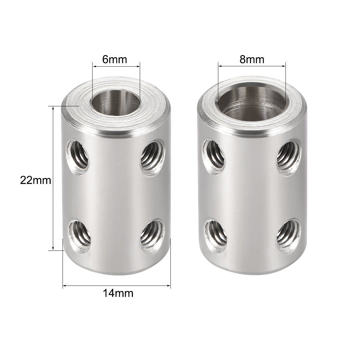 Harfington Shaft Coupling 6mm to 8mm Bore L22xD14 Robot Motor Wheel Rigid Coupler Connector Silver Tone 2 Pcs