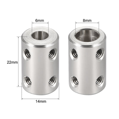 Harfington Shaft Coupling 6mm to 8mm Bore L22xD14 Robot Motor Wheel Rigid Coupler Connector Silver Tone 2 Pcs