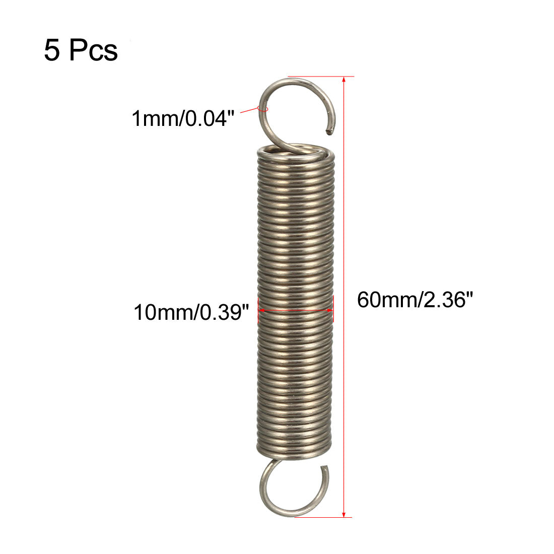 Harfington Extended Compressed Spring Wire Diameter 0.039" , OD 0.39" , Free Length 2.36" Stainless Steel Small Dual Hook Tension Spring 5pcs