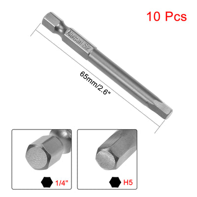 Harfington 10Pcs 1/4" Hex Shank 65mm Length Magnetic Hex Head H5 Screwdriver Bits S2 Alloy Steel