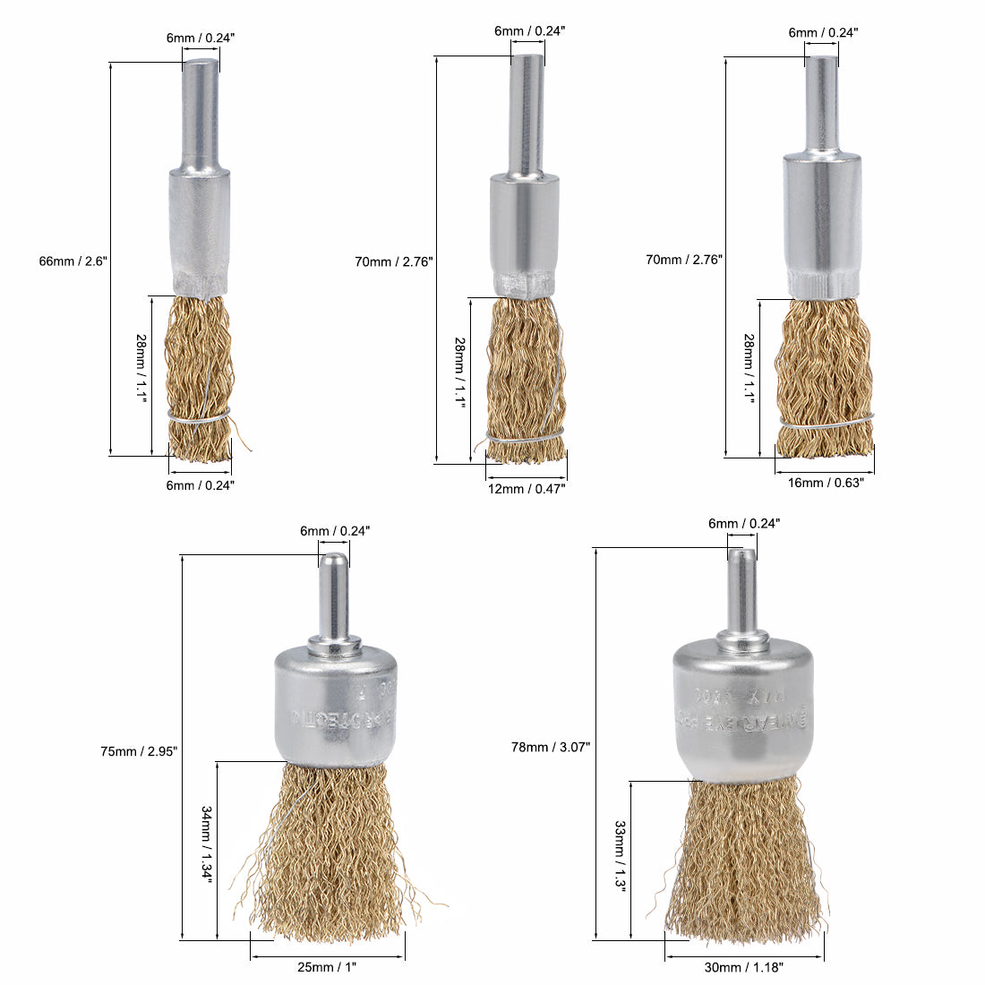 Harfington Wire Wheel Brush Cup Copper Plated Crimped Steel with Shank 0.012-inch Wire Dia Set of 10, 10mm, 12mm,16mm, 25mm, 30mm