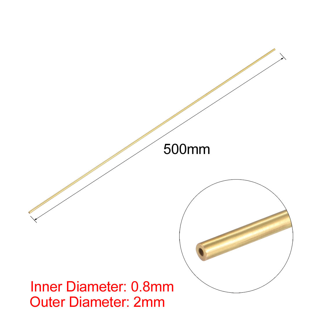 Harfington 0.8mm x 2mm x 500mm Brass Pipe Tube Round Bar Rod