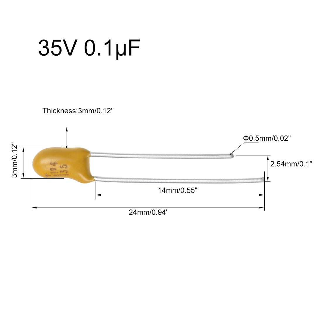 Harfington 0.1uF Tantalum Capacitor, 35V 2 Pin Yellow Radial Dipped Tantalum Bead Capacitors 50pcs