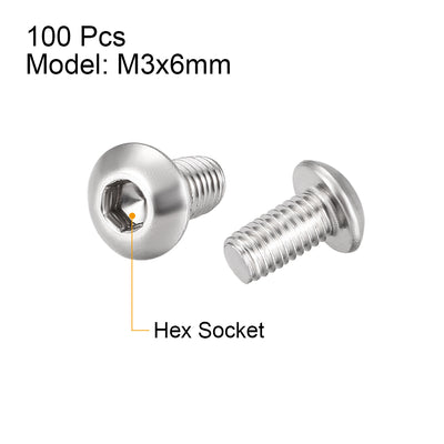 Harfington M3x6mm Machine Screws Hex Socket Round Head Screw 304 Stainless Steel Fasteners Bolts 100pcs