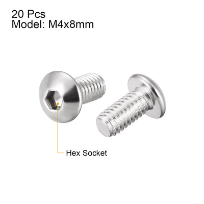 Harfington M4x8mm Machine Screws Hex Socket Round Head Screw 304 Stainless Steel Fasteners Bolts 20pcs