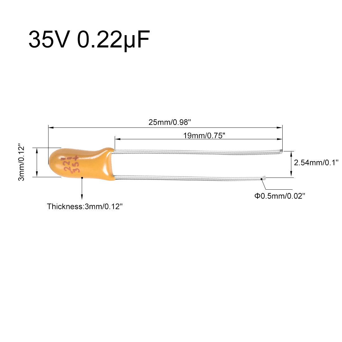 Harfington 0.22uF Tantalum Capacitor, 35V 2 Pin Yellow Radial Dipped Tantalum Bead Capacitors 5pcs