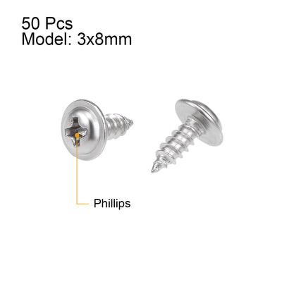 Harfington Self Tapping Screws Phillips Pan Head Screw 304 Stainless Steel Fasteners Bolt 50Pcs