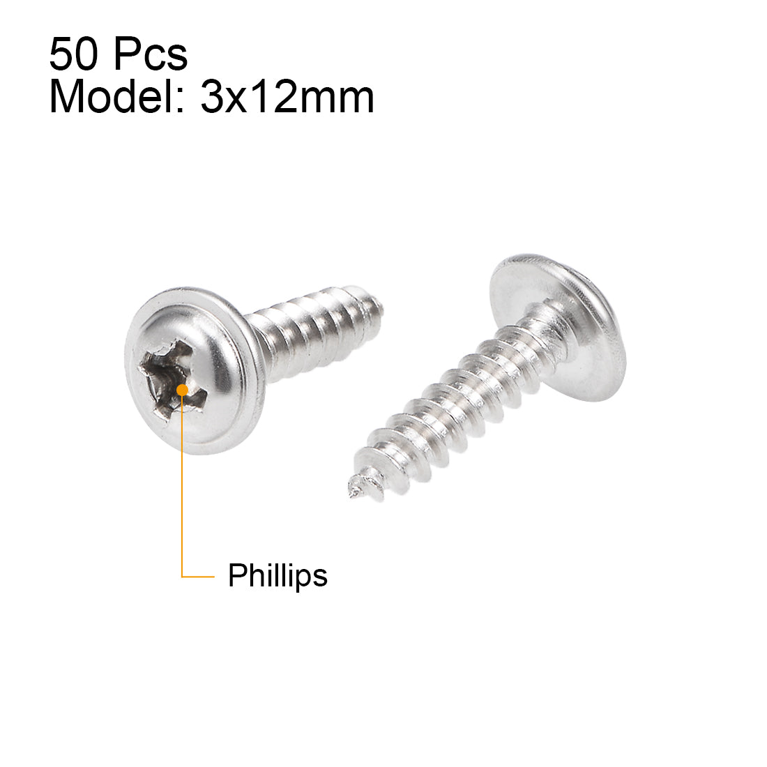 Harfington Self Tapping Screws Phillips Pan Head Screw 304 Stainless Steel Fasteners Bolt 50Pcs