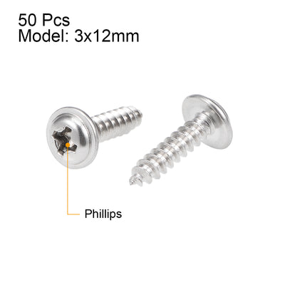 Harfington Self Tapping Screws Phillips Pan Head Screw 304 Stainless Steel Fasteners Bolt 50Pcs