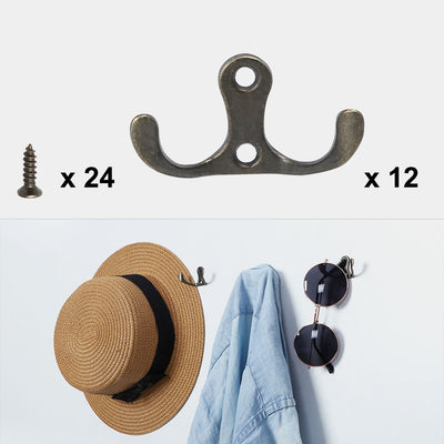Harfington 12pcs Dual Hook Coat Hat DIY Robe Hooks Cloth Hanger Holder w Screws Bronze Tone