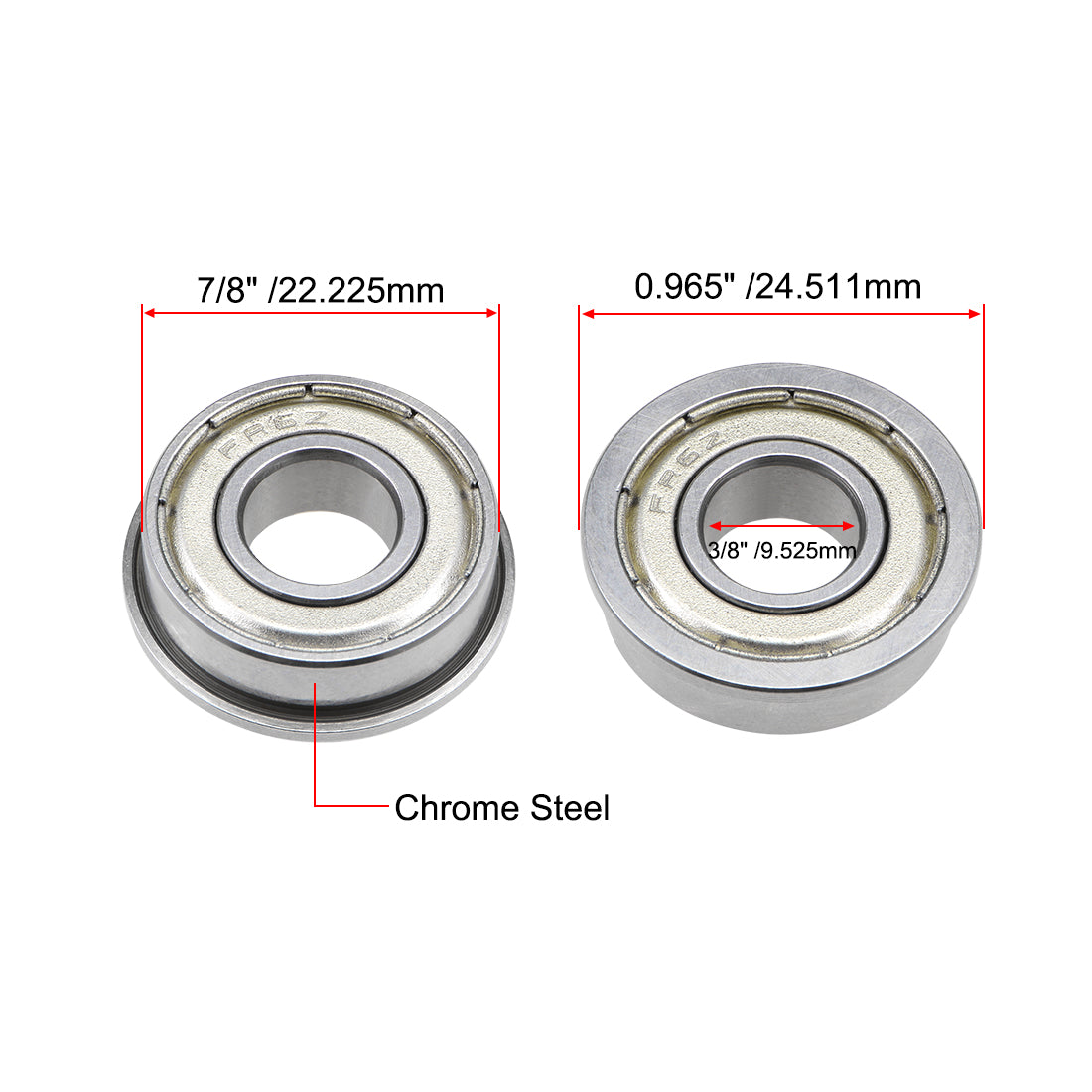Harfington FR6ZZ Flange Ball Bearing 3/8"x7/8"x9/32" Shielded Chrome Bearings 3pcs