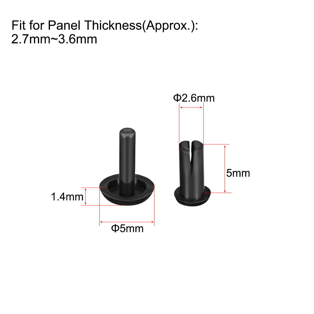 Harfington Push Clip Rivet 2.6mm x 5mm PCB Circuit Panel Nylon Fastener Black for 2.7mm-3.6mm Panel Thickness , 50 Pcs