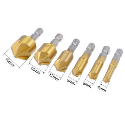 Harfington Countersink Drill Bit Set HSS 90 Degree 1/4" Hex Shank 5 Flute Bit 6mm-19mm 6Pcs