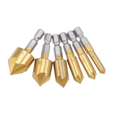Harfington Countersink Drill Bit Set HSS 90 Degree 1/4" Hex Shank 5 Flute Bit 6mm-19mm 6Pcs