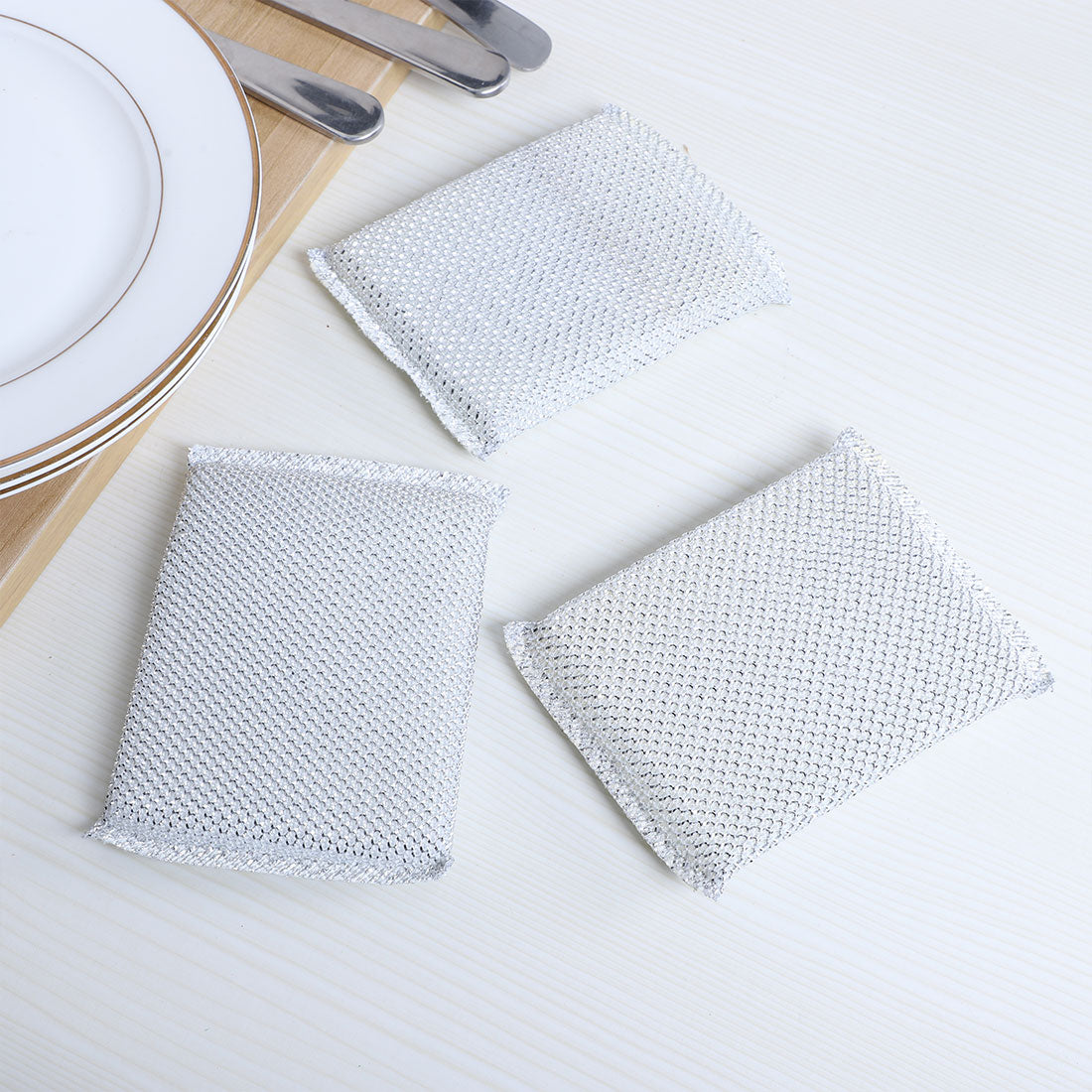 Harfington 12pcs Scouring Pad Non-Scratch Scouring Sponge 5"x3.3" Scrub Pads Silver Tone 2