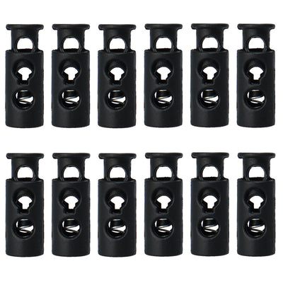 Harfington 12pcs Plastic Spring Cord Locks Double Hole End Stopper Rope Fastener Black