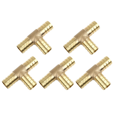 Harfington 16mm Hose Barb Brass 3 Way Tee Connector Adaptor for Air Water Gas Oil Pipe 5pcs