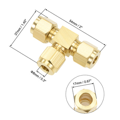 Harfington Brass Compression Tube Fitting 8mm OD Tee Pipe Adapter for Water Garden Irrigation System
