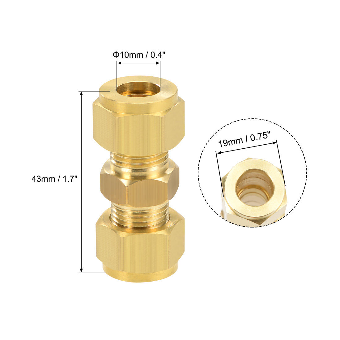 Harfington Brass Compression Tube Fitting 10mm OD Straight Pipe Adapter for Water Garden Irrigation System 5pcs
