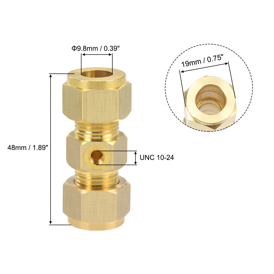 Harfington Brass Compression Tube Fitting 9.8mm OD Straight UNC 10-24 Thread Nozzle Hole Pipe Adapter for Garden Water Irrigation System 3pcs