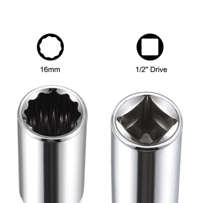 Harfington 3 Pcs 1/2-inch Drive 16mm 12-Point Deep Socket, Metric, Cr-V