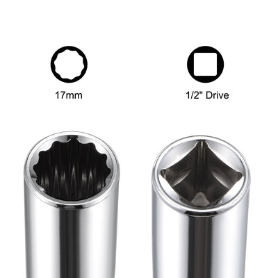 Harfington 2 Pcs 1/2-inch Drive 17mm 12-Point Deep Socket, Metric, Cr-V