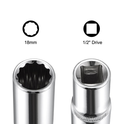 Harfington 2 Pcs 1/2-inch Drive 18mm 12-Point Deep Socket, Metric, Cr-V