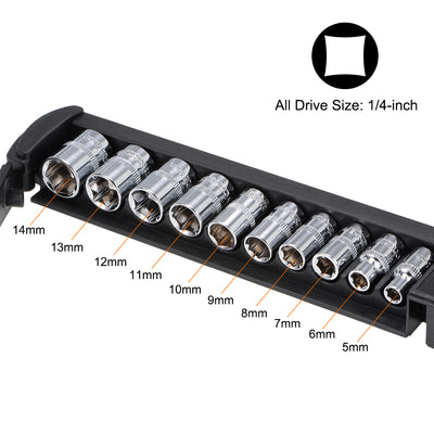 Harfington 1/4-Inch Drive 6 Point Socket Set 5mm - 14mm Metric Cr-V 10 Pcs (2-inch Long)