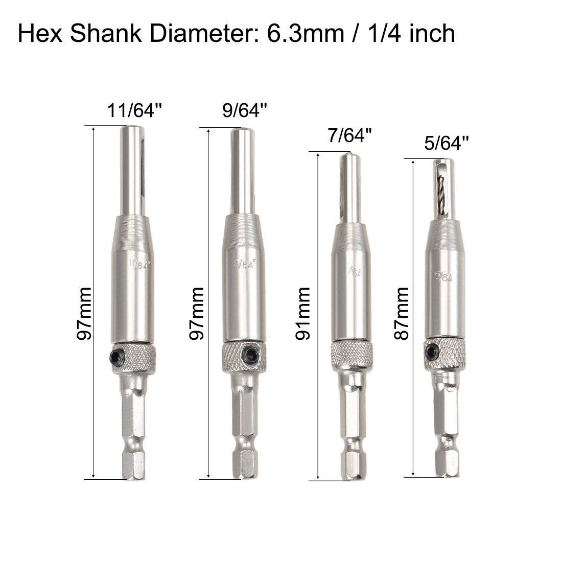 Harfington Center Drill Bit Set 5/64 7/64 9/64 11/64 Inch Self Centering Hinge Tapper Core Hole Puncher Tool for Cabinet Door Window, Hex Shank HSS 5in1 Set
