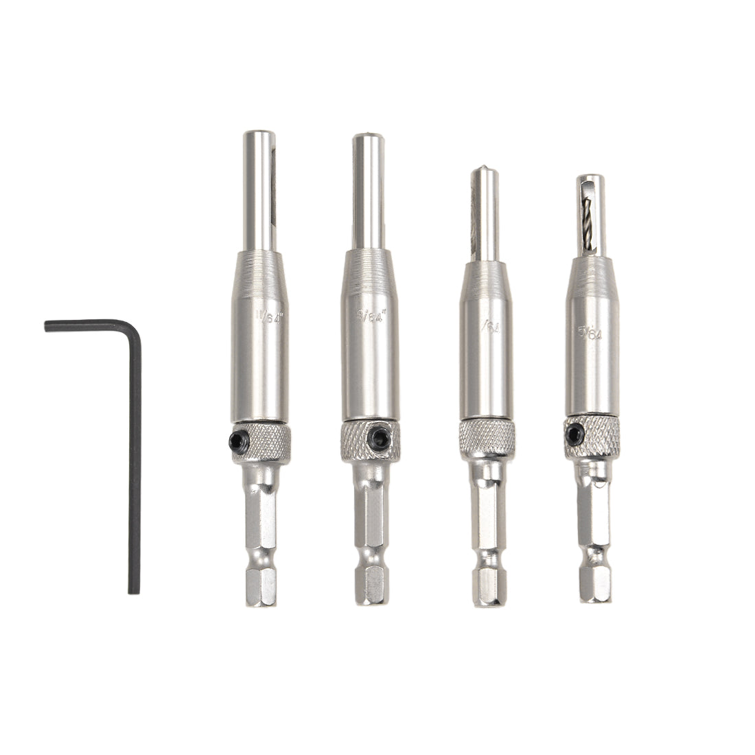 Harfington Center Drill Bit Set 5/64 7/64 9/64 11/64 Inch Self Centering Hinge Tapper Core Hole Puncher Tool for Cabinet Door Window, Hex Shank HSS 5in1 Set