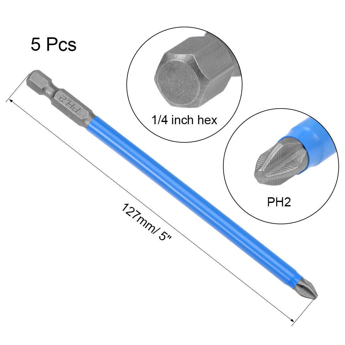 Harfington 1/4-Inch Hex Shank Magnetic Phillips Cross Screwdriver Bit, 127mm Length 6PH2 Insulation S2 Non-Slip Screwdriver Bits 5pcs