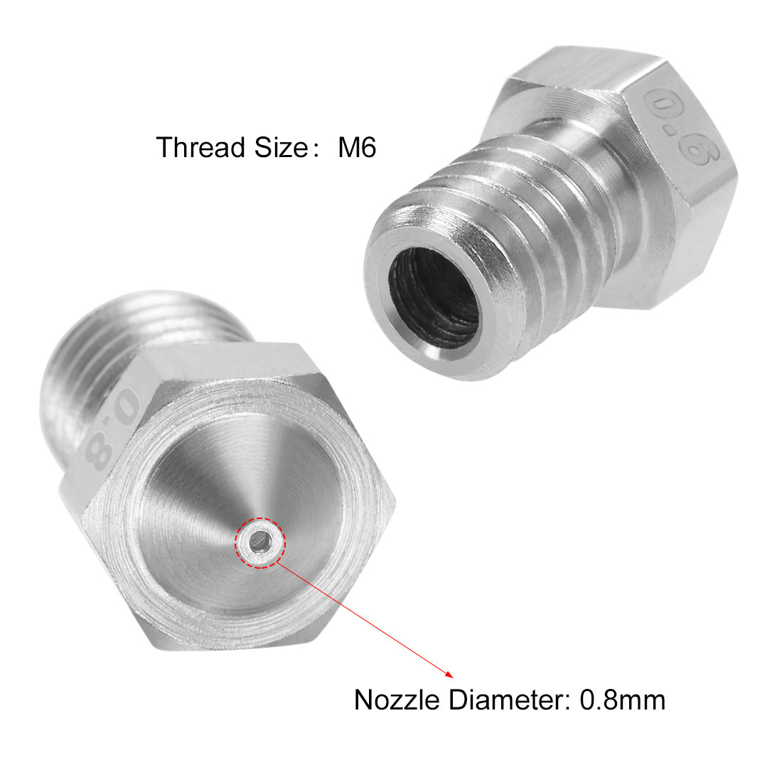 Harfington 0.8mm 3D Printer Nozzle Head M6 Thread Replacement for V5 V6 3mm Extruder Print, Stainless Steel 2pcs