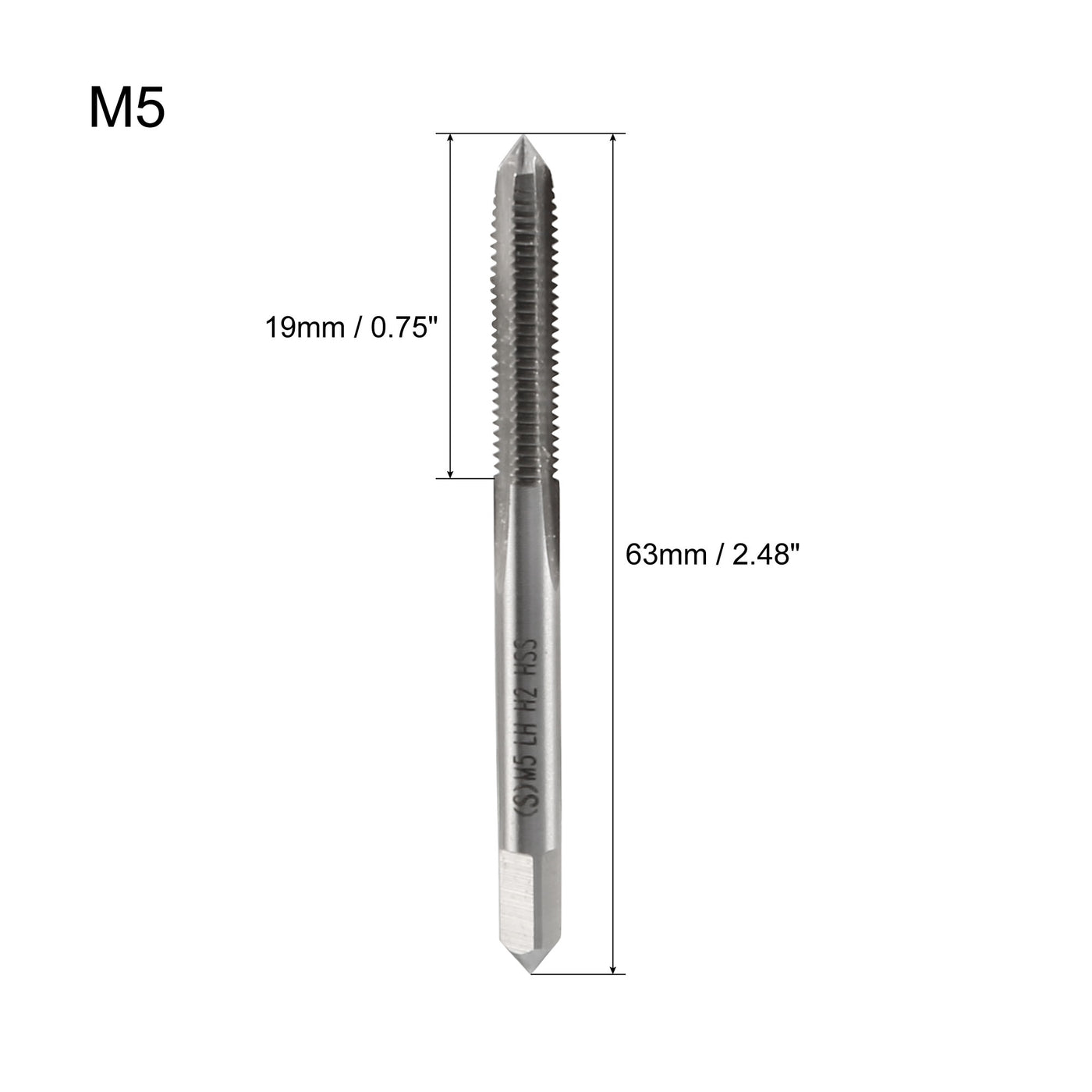 Harfington Metric Machine Tap Left M5 Thread 0.8 Pitch H2 Accuracy 3 Flutes High Speed Steel 2pcs