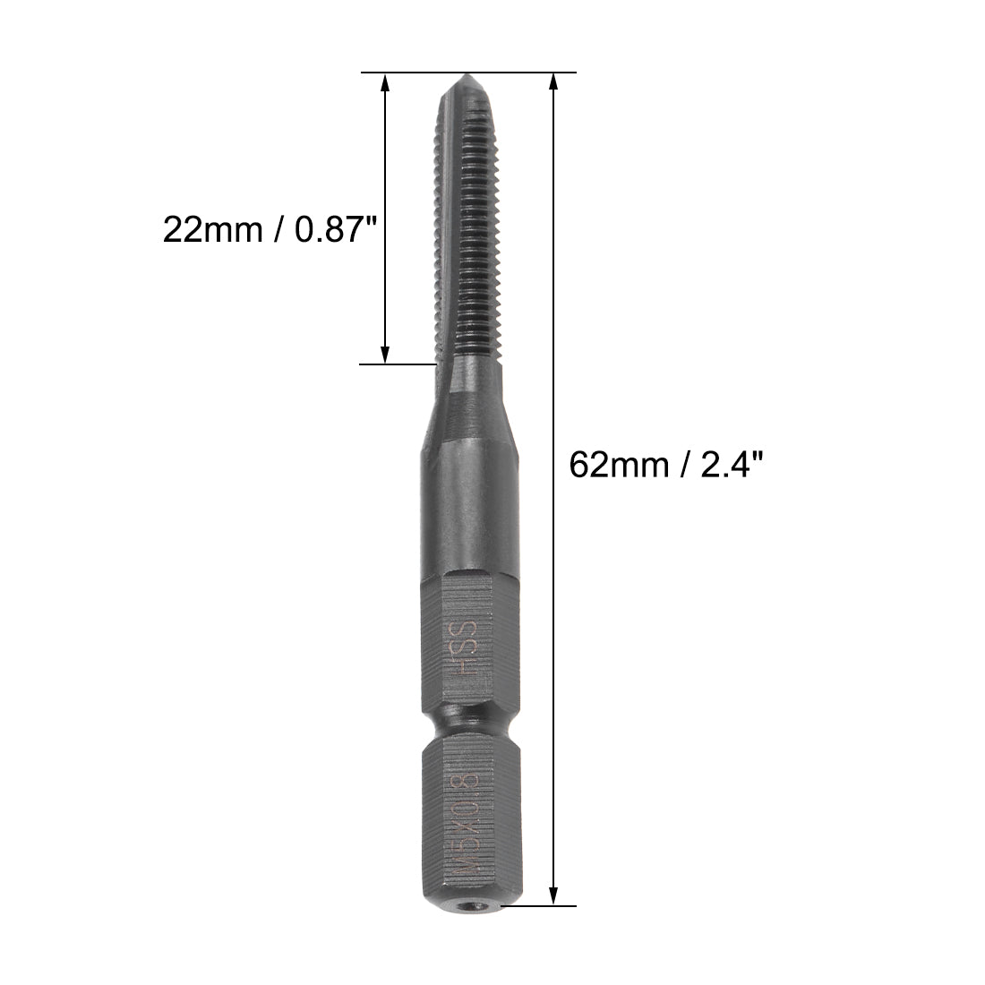 Harfington Metric Machine Tap M5 Thread 0.8 Pitch H2 3 Flutes Hex Shank High Speed Steel