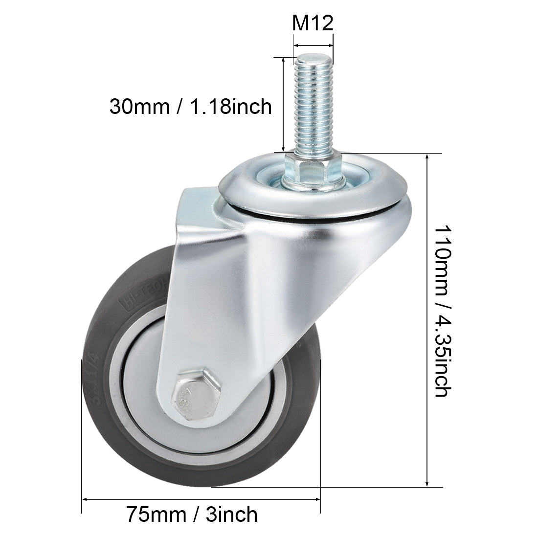 Harfington Swivel Caster Wheels TPR Caster 3 Inch Wheel M12 x 30mm Threaded Stem Gray 220lb Capacity Each , 4pcs