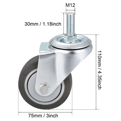 Harfington Swivel Caster Wheels TPR Caster 3 Inch Wheel M12 x 30mm Threaded Stem Gray 220lb Capacity Each , 4pcs