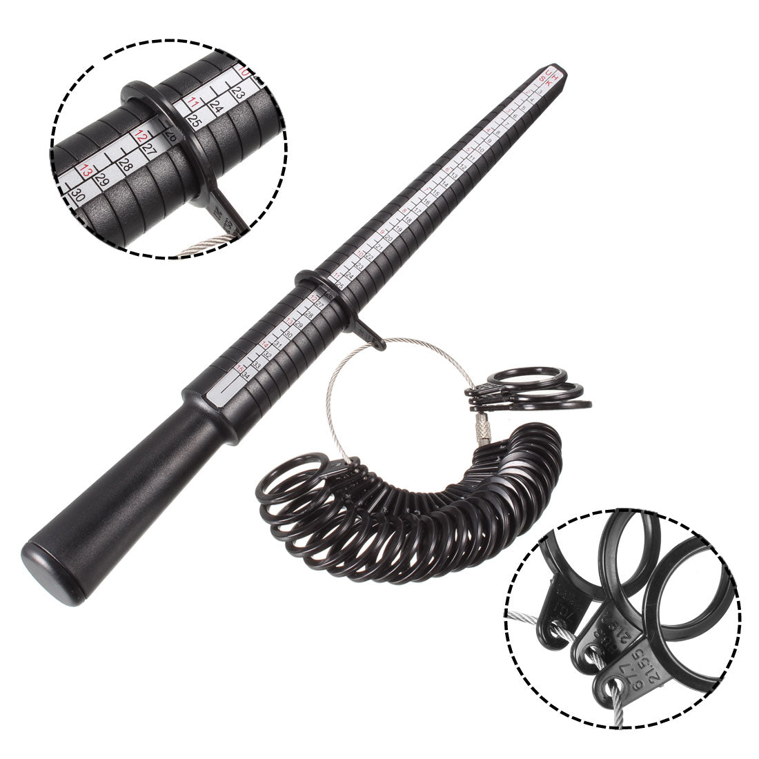 Harfington Ring Sizer Gauge Mandrel Stick Kit 4 Sizes Plastic 4 in 1 Multi-Function with 28 Circle Models Finger Measuring Ruler Rubber Hammer