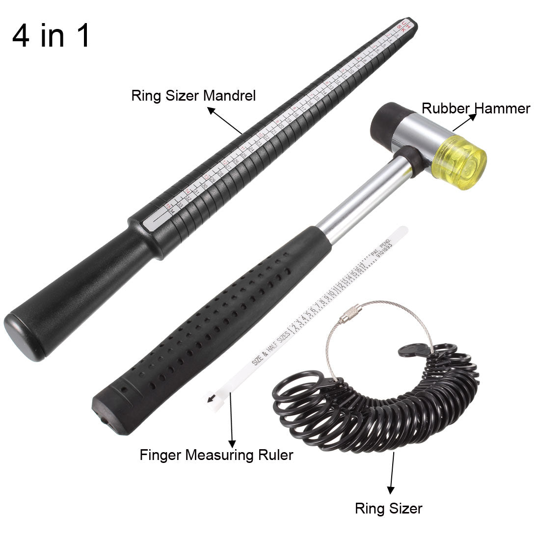 Harfington Ring Sizer Gauge Mandrel Stick Kit 4 Sizes Plastic 4 in 1 Multi-Function with 28 Circle Models Finger Measuring Ruler Rubber Hammer