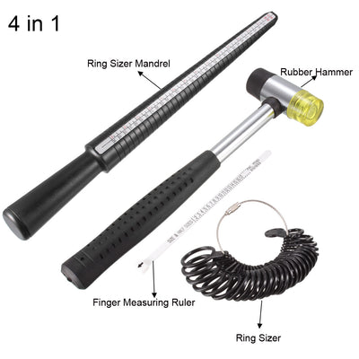 Harfington Ring Sizer Gauge Mandrel Stick Kit 4 Sizes Plastic 4 in 1 Multi-Function with 28 Circle Models Finger Measuring Ruler Rubber Hammer