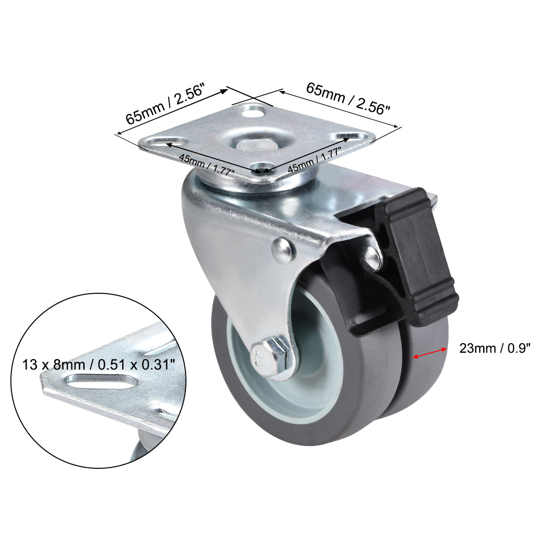 Harfington Swivel Caster Wheels with Brake TPR Twin Rotation with 360 Degree Top Plate LBS Capacity for Furniture Carts Workbench, Gray, Pack of 2