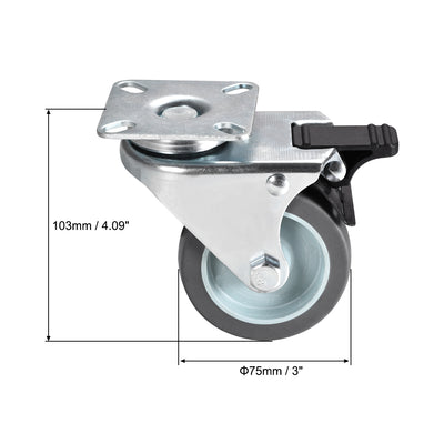Harfington Swivel Caster Wheels with Brake TPR Twin Rotation with 360 Degree Top Plate LBS Capacity for Furniture Carts Workbench, Gray, Pack of 2